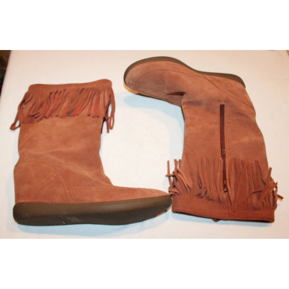 women's Skechers SKCH+3 hidden wedge suede boots Sz 10 rust fringe 48091
